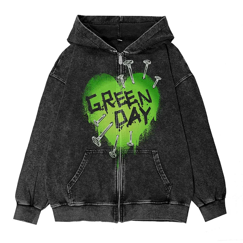 绿日乐队Green Day朋克摇滚美式vintage英文图案水洗连帽拉链外套 (1)