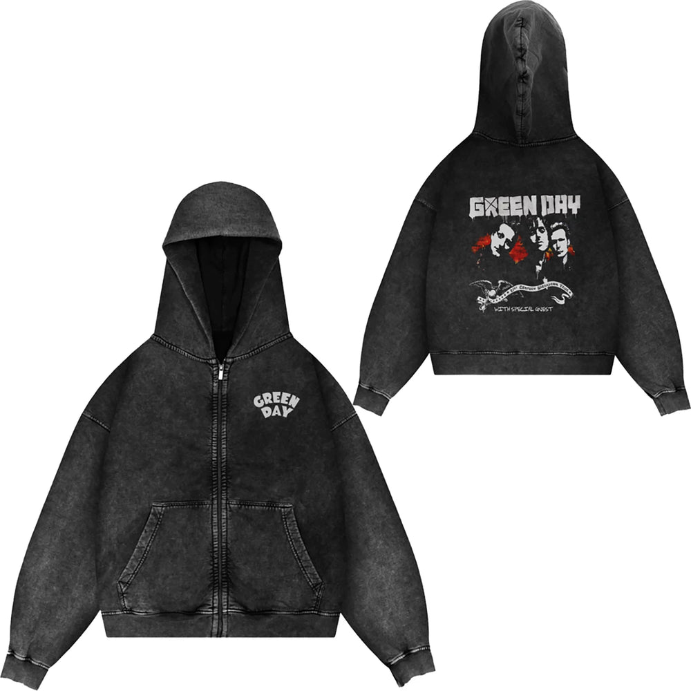 Green Day, rock band, European and American trendy brand, washed retro, made old, loose cap, zipper jacket for men (4)