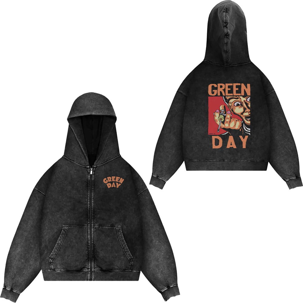 Green Day, rock band, European and American trendy brand, washed retro, made old, loose cap, zipper jacket for men (12)