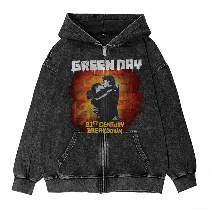 绿日乐队Green Day朋克摇滚美式vintage英文图案水洗连帽拉链外套 (13)