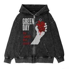 绿日乐队Green Day朋克摇滚美式vintage英文图案水洗连帽拉链外套 (3)