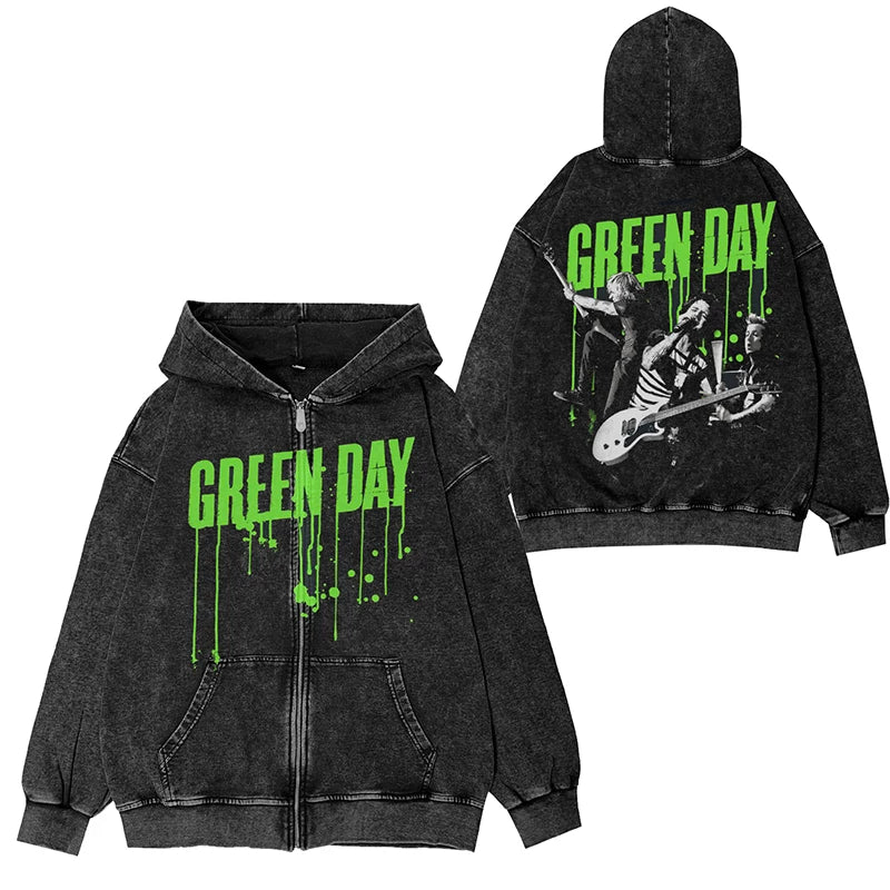 绿日乐队Green Day朋克摇滚美式vintage英文图案水洗连帽拉链外套 (6)