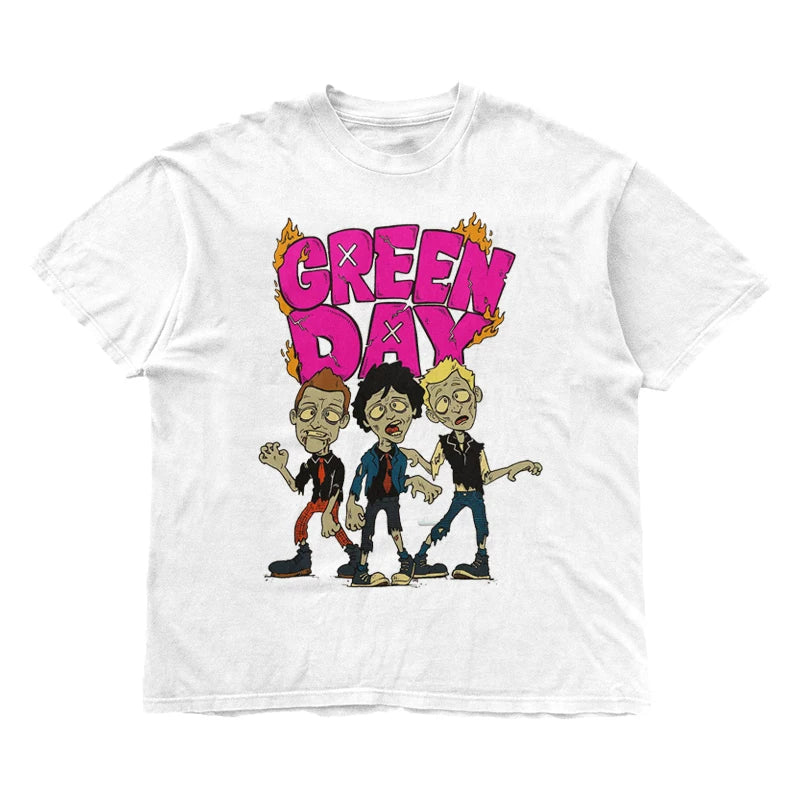 Green Day Rock Punk American Street Oversized Cotton Spray Short Sleeve Men's and Women's T-shirts (7)