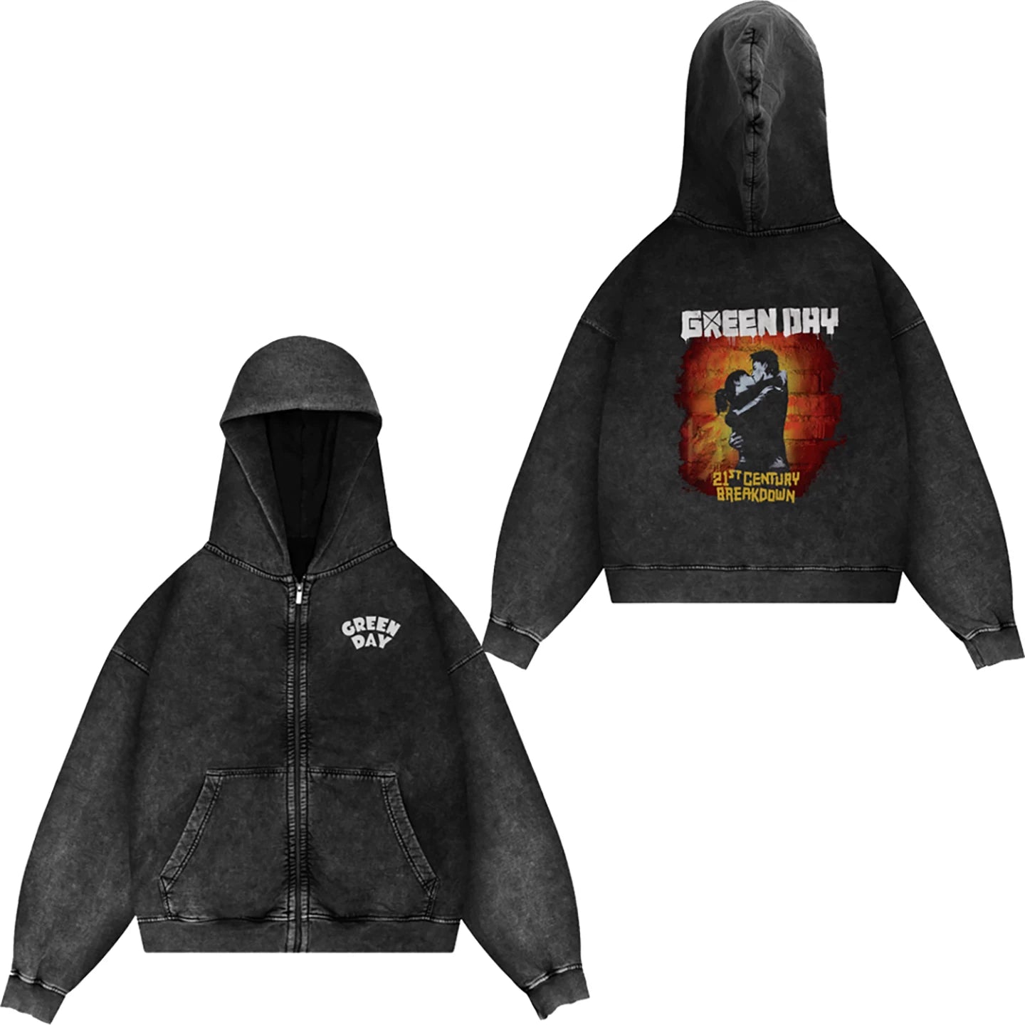 Green Day, rock band, European and American trendy brand, washed retro, made old, loose cap, zipper jacket for men (2)