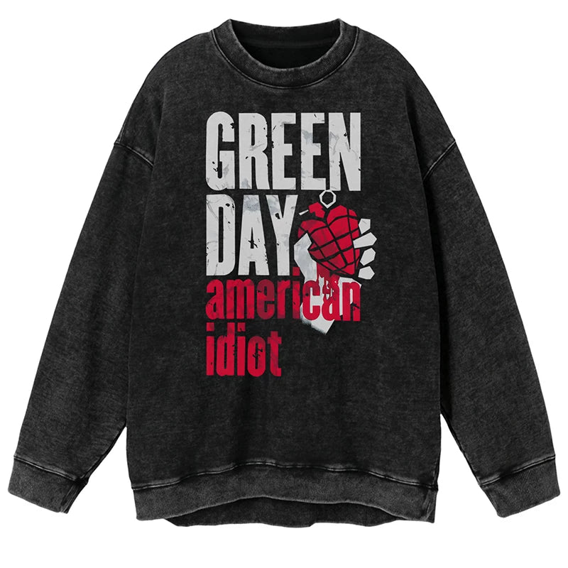 绿日乐队Green Day吉他手Billie人物图美式复古水洗宽松圆领卫衣 (1)