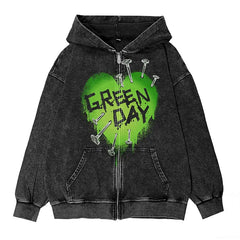 绿日乐队Green Day朋克摇滚美式vintage英文图案水洗连帽拉链外套 (1)
