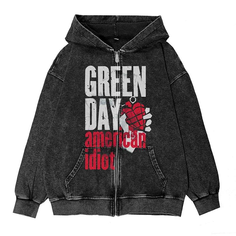 绿日乐队Green Day朋克摇滚美式vintage英文图案水洗连帽拉链外套 (4)