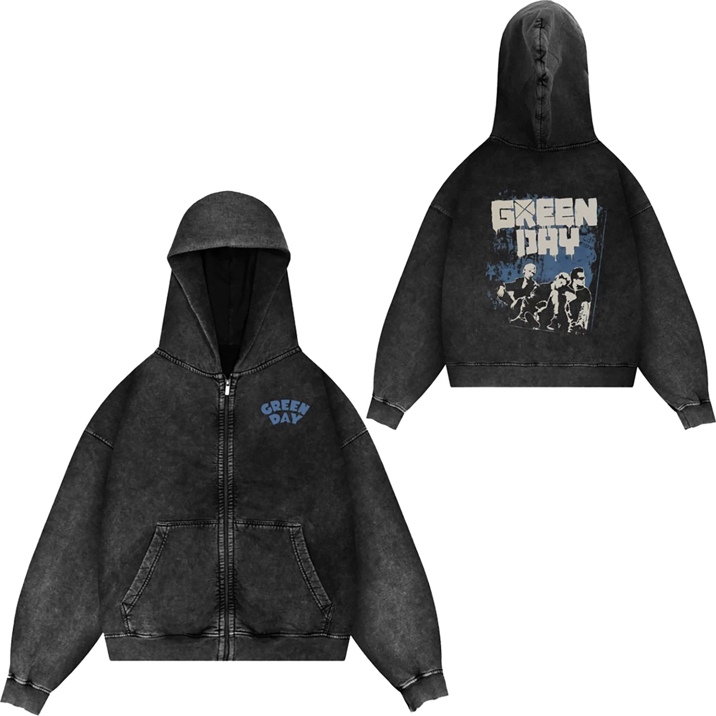 Green Day, rock band, European and American trendy brand, washed retro, made old, loose cap, zipper jacket for men (11)