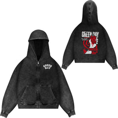 Green Day, rock band, European and American trendy brand, washed retro, made old, loose cap, zipper jacket for men (9)