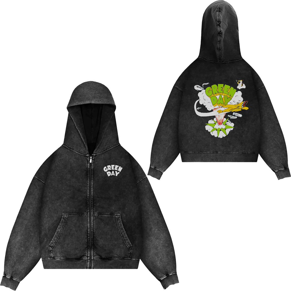 Green Day, rock band, European and American trendy brand, washed retro, made old, loose cap, zipper jacket for men (1)