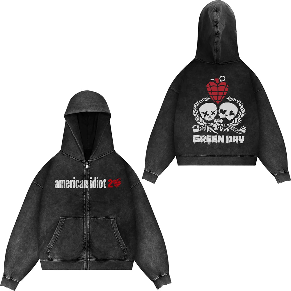 Green Day, rock band, European and American trendy brand, washed retro, made old, loose cap, zipper jacket for men (10)