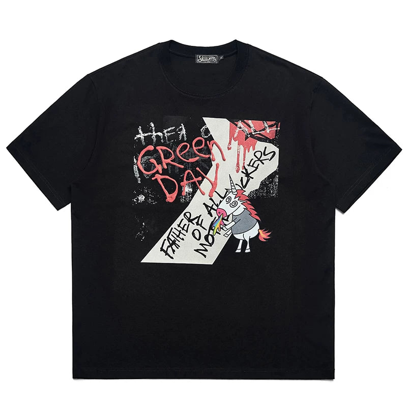 Green Day Band Punk Trendy Brand Male Student Punk Heavy Weight Cotton Short sleeved T-shirt Rainbow Unicorn Horse