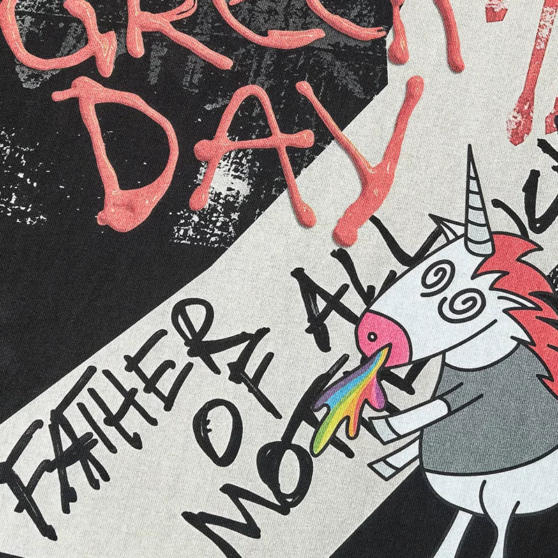 Green Day Band Punk Trendy Brand Male Student Punk Heavy Weight Cotton Short sleeved T-shirt Rainbow Unicorn Horse