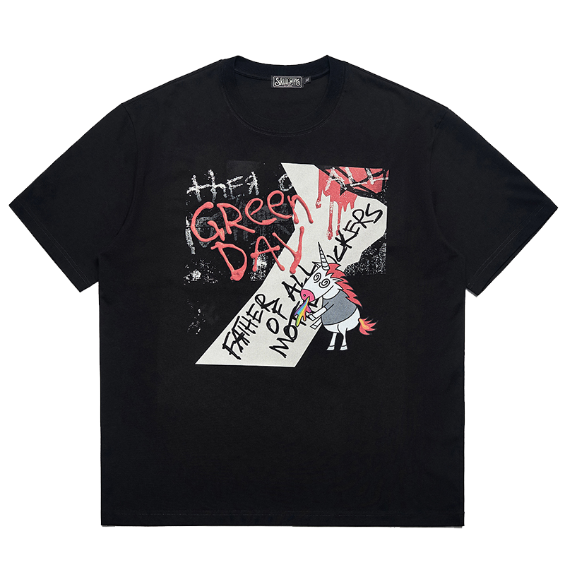 Green Day Band Punk Trendy Brand Male Student Punk Heavy Weight Cotton Short sleeved T-shirt Rainbow Unicorn Horse