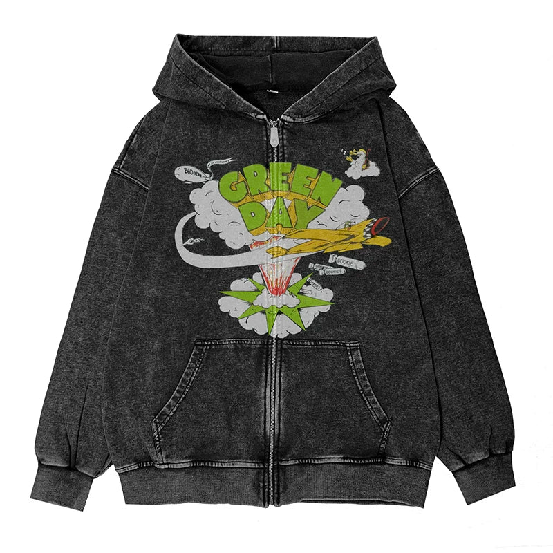绿日乐队Green Day朋克摇滚美式vintage英文图案水洗连帽拉链外套 (8)