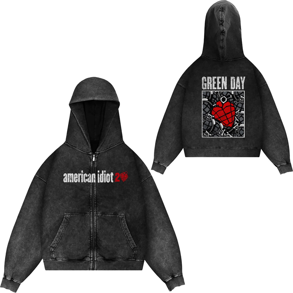 Green Day, rock band, European and American trendy brand, washed retro, made old, loose cap, zipper jacket for men (17)