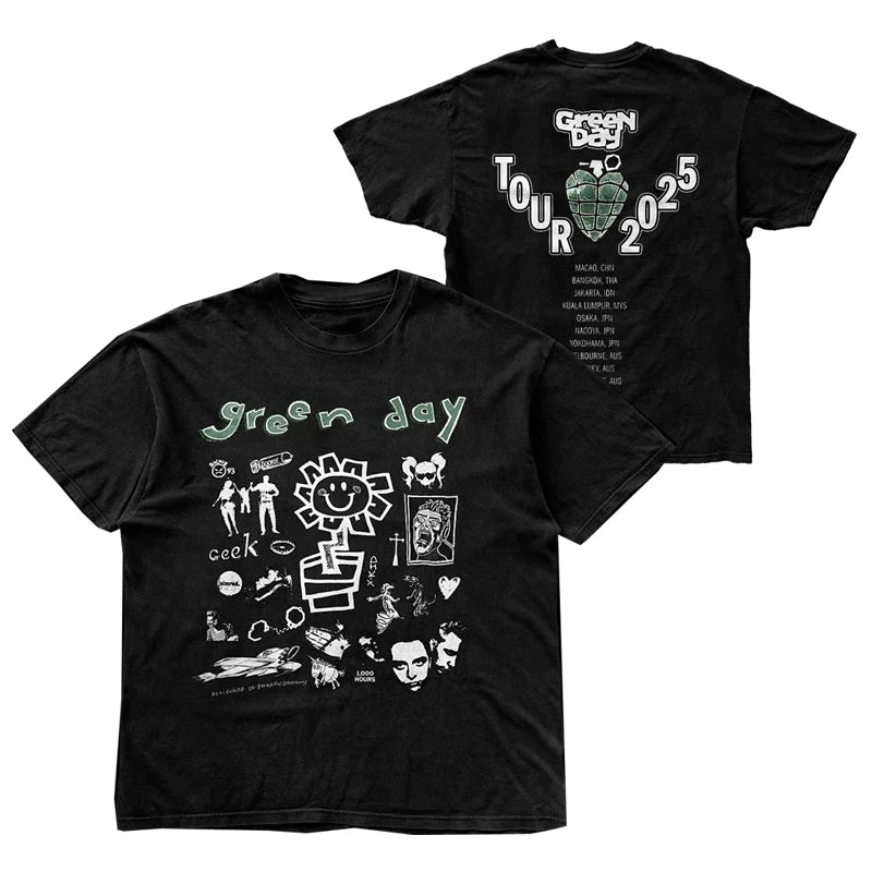 Green Day Band Illustration Fun Music Album American Retro Punk Loose Men's and Women's Direct Spray T-shirt (13)