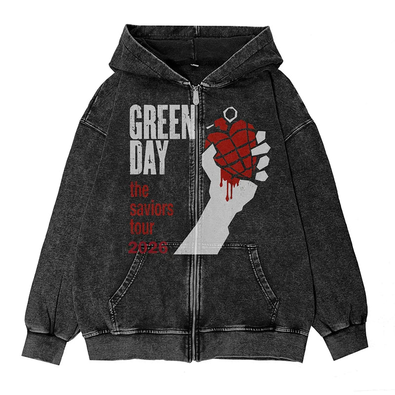 绿日乐队Green Day朋克摇滚美式vintage英文图案水洗连帽拉链外套 (3)