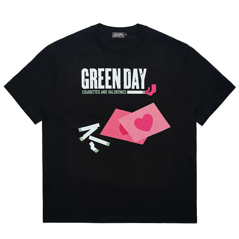 Green Day Band Love Envelope Female Punk Trendy Brand Male Student Punk Heavy Weight Cotton Short sleeved T-shirt