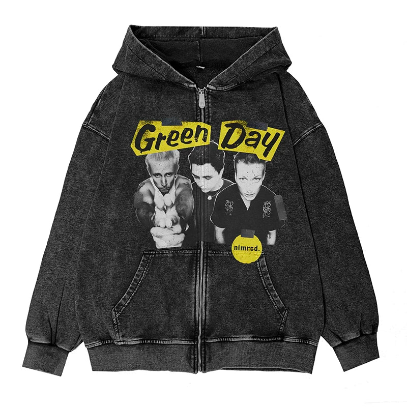 绿日乐队Green Day朋克摇滚美式vintage英文图案水洗连帽拉链外套 (11)